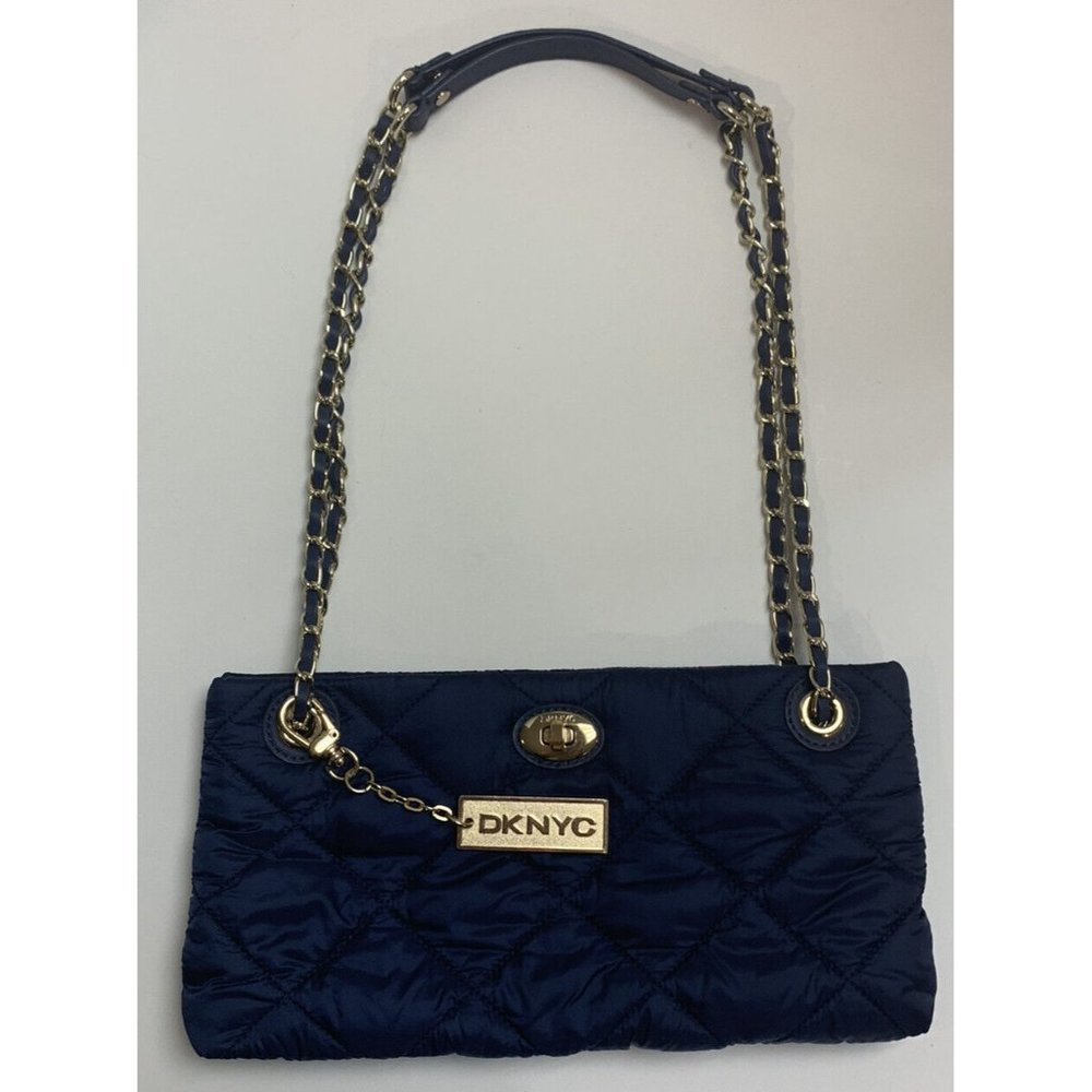 DKNYC Sapphire Blue Quilted Clutch Purse Metal Chain Straps Evening Bag